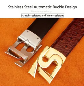 Details von Edelstahl-Automatik-Schnallen mit schwarzen und Straußenleder-Gürteln