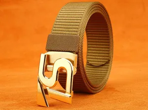 Close-up of khaki nylon belt strap with brushed gold automatic buckle featuring S cutout
