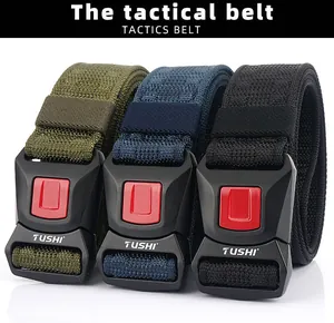 Three-color nylon tactical belts with quick-release buckles in green, blue, and black