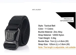Detailansicht des 1200D Nylon Taktikgürtels mit Zinklegierungsschnalle und Abmessungen