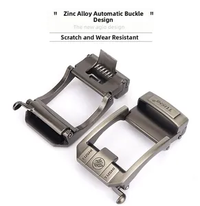 Detail view of zinc alloy automatic belt buckle with brushed gunmetal finish for men