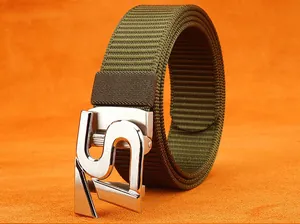 Detailed macro of olive green nylon belt with brushed metal automatic buckle and textured strap