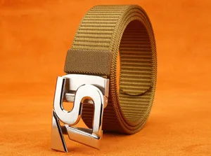 Detail of khaki nylon belt with brushed metal SZ buckle and woven texture