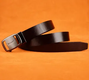 Detail of genuine cowhide leather belt with zinc alloy buckle and seamless cut edge