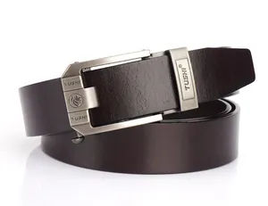 Detailed view of dark brown leather belt with brushed metal automatic lion logo buckle