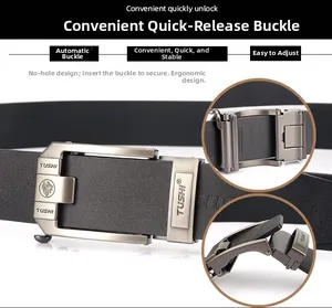 Detail view of men's leather belt with gunmetal automatic buckle and ratchet mechanism