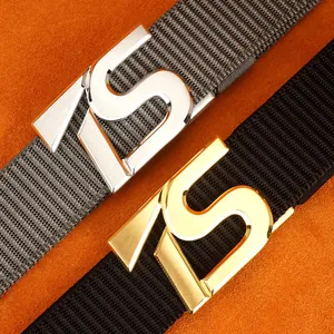 Men's nylon belt with automatic stainless steel buckle featuring a brushed NS logo design