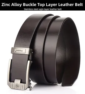 Detailed close-up of premium brown cowhide leather belt with zinc alloy automatic buckle