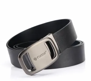 Detail view of black genuine leather belt with grey brushed metal automatic buckle