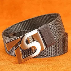 Men's nylon canvas belt with automatic buckle and brushed metal TS letter design