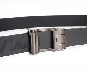Macro detail of the zinc alloy buckle and the inner ratchet gear of the leather belt