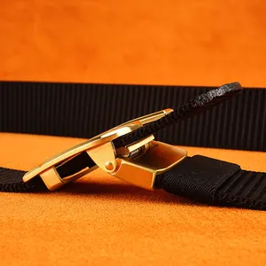 Men's nylon belt with automatic gold metal buckle and premium brushed finish detail