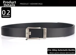 Detail of men's leather belt showing zinc alloy automatic buckle with lion logo and texture