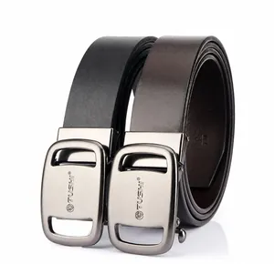 Detail view of premium leather belts with brushed metal automatic buckles in black and brown