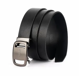 Detail of genuine cowhide leather belt with gunmetal grey automatic buckle and fine texture