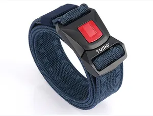 Detail of dark blue tactical nylon belt featuring a matte black quick release buckle