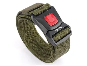 Close-up of olive green tactical nylon belt featuring a black quick-release buckle system