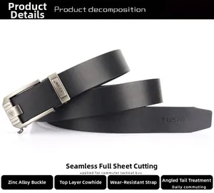 Detail of genuine cowhide leather belt showing seamless texture and zinc alloy buckle