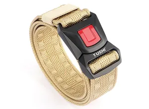Macro detail of high-strength nylon tactical belt with quick-release buckle and TUSHI logo