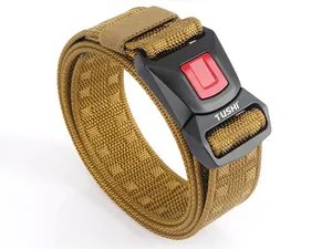 Detail of nylon tactical belt buckle with quick-release red button and TUSHI logo