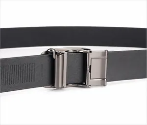Close-up of black leather belt with gunmetal zinc alloy automatic buckle and textured strap