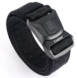 Close-up of durable nylon tactical belt with a quick-release buckle and TUSHI logo