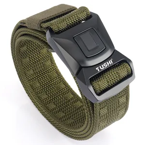Detailed close-up of the TUSHI tactical nylon belt with its quick-release buckle mechanism