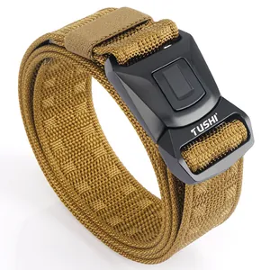 Detail of coyote brown tactical nylon belt featuring heavy duty quick release buckle