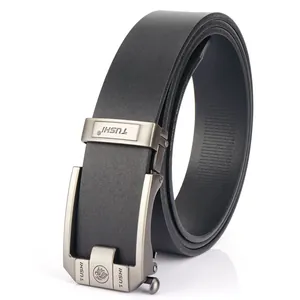 Men's black leather belt with matte silver automatic buckle and textured grain finish