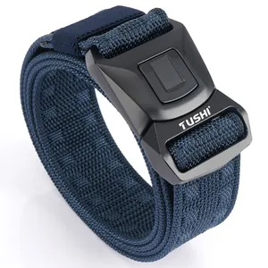 Close-up of navy nylon tactical belt buckle with quick-release mechanism and matte finish