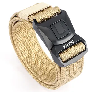 Close-up of khaki nylon tactical belt featuring a matte black buckle and durable weave