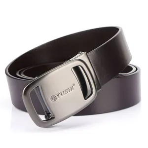 Men's automatic buckle leather belt in dark brown with matte gunmetal lion emblem