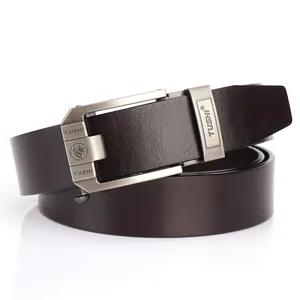 Business men's leather belt with zinc alloy automatic buckle featuring a lion logo