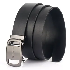 Classic men's black leather belt with a brushed grey automatic metal buckle for business attire