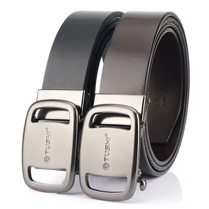 Mens automatic buckle leather belt set in black and dark brown with metal hardware