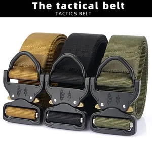 Three tactical nylon belts in khaki, black, and army green with metal quick-release buckles