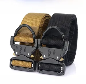 Detail view of tactical nylon belts in black and khaki with zinc alloy quick-release buckles