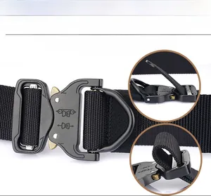 Detail of 4.3cm tactical nylon belt showing quick-release metal buckle and woven texture