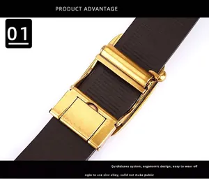 Close-up of golden zinc alloy buckle and textured dark brown leather belt for men