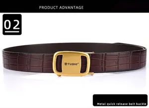 Detail of dark brown belt featuring crocodile pattern leather and golden automatic buckle