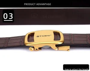 Detail of men's leather belt featuring crocodile texture and golden automatic buckle
