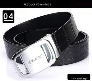 Close-up of premium leather belt with crocodile texture and silver brushed buckle