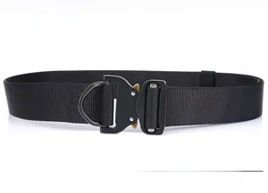 Detail of tactical nylon belt with metal quick release buckle and D-ring component