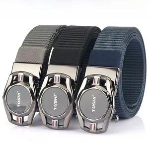 Three-pack 3.5cm nylon canvas belts with automatic metal buckles in grey, black and blue