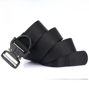 Detailed view of durable thick nylon tactical belt with a heavy-duty quick-release alloy buckle