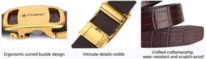 Detail of brown crocodile pattern leather belt with golden ergonomic automatic buckle