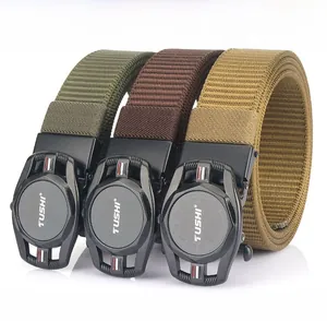 Three men's tactical nylon belts with automatic alloy buckles in olive, brown, and khaki