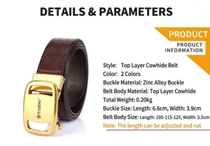 Detail of brown crocodile embossed genuine leather belt with gold automatic zinc alloy buckle