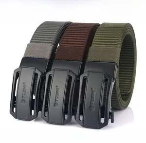 Nylon woven belts with black zinc alloy automatic buckles in grey, brown and army green