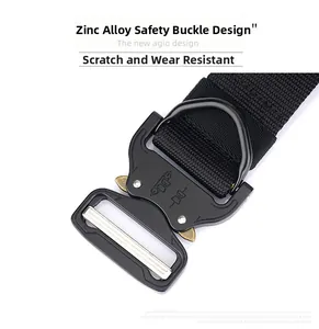 Detail of matte black zinc alloy tactical belt buckle with secure D-ring and quick release